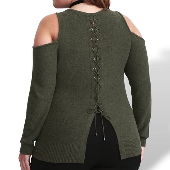 Torrid Olive Green Cold Shoulder Lace Up Long Sleeve Sweater Sz 2X - Picture 4 of 13